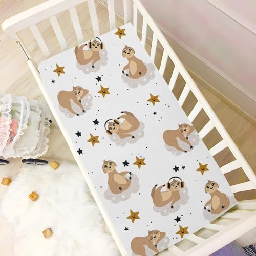 KICPOAY Fitted Crib Sheets with Sloth and Star Pattern 39x27in for Baby
