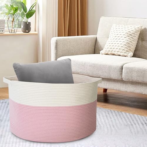 Pink Woven Storage Basket with Handles 22X22X14 XXXL Capacity