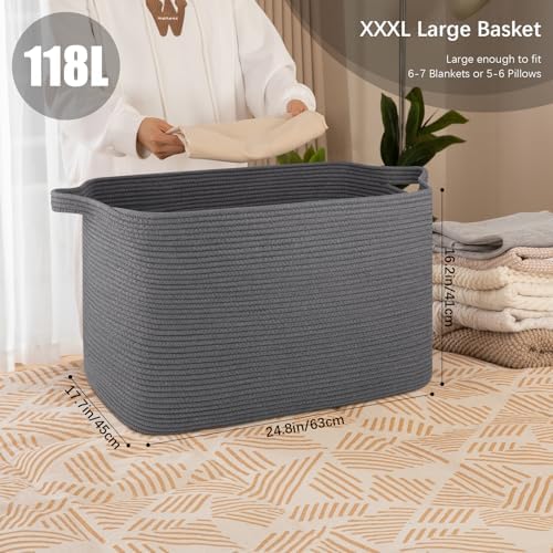 118L Extra Large Woven Blanket Basket with Handles - Grey