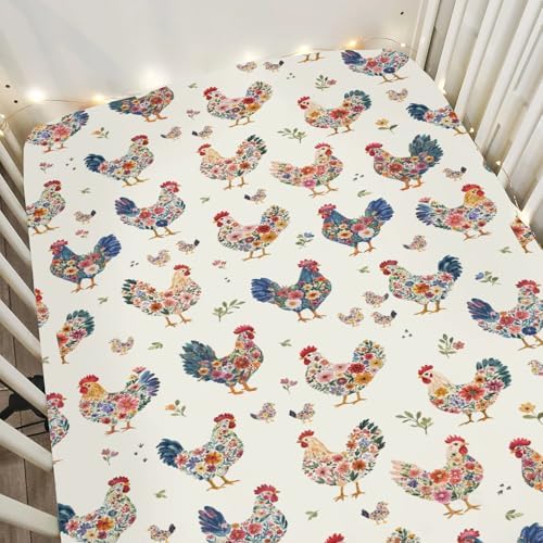 Floral Pattern Crib Sheets for Boy Girl 28x52 Rooster Hen
