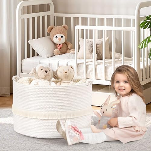 White Large Blanket Basket with Handle 20x13 Woven Storage Basket