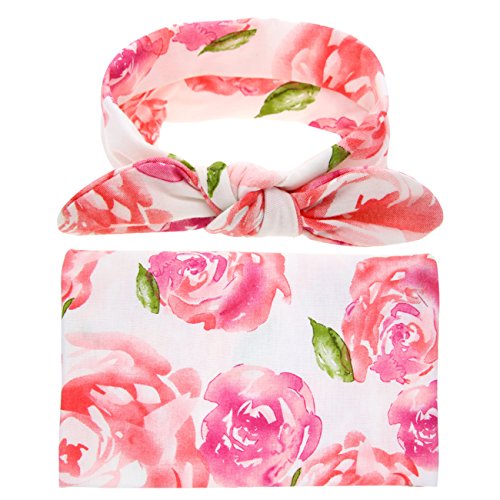 DRESHOW BQUBO 3 Set Floral Swaddle Blanket with Headbands