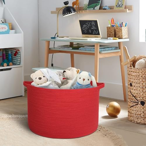 Extra Large Red Woven Cotton Storage Basket for Kids and Laundry