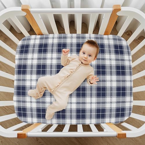 Navy Blue White Tartan Plaid Crib Sheet for Boys and Girls
