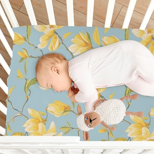 ALAZA Yellow Magnolia Crib Sheets with Blue Background