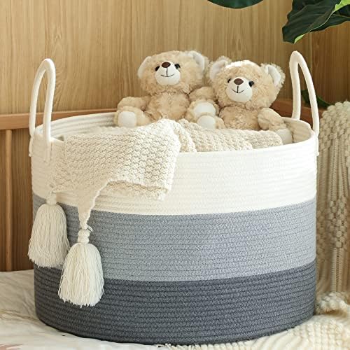 KAKAMAY Cotton Woven Storage Basket 20x13 WhiteGrey
