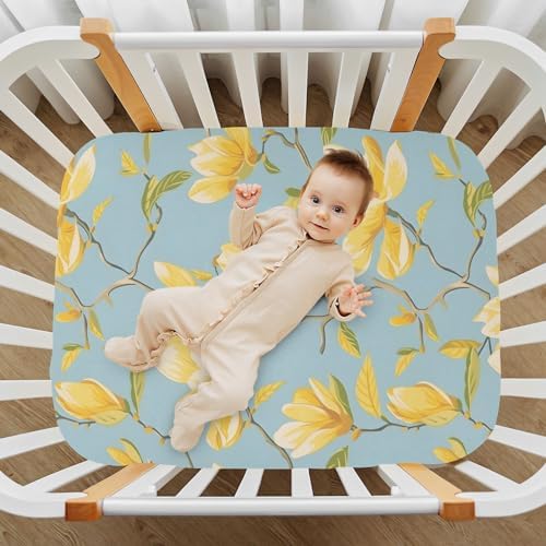 ALAZA Yellow Magnolia Crib Sheets with Blue Background