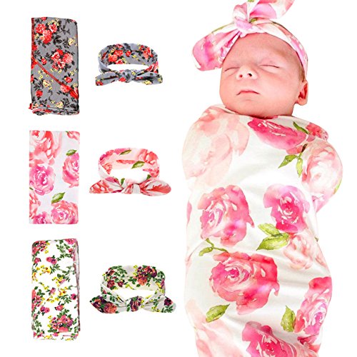 DRESHOW BQUBO 3 Set Floral Swaddle Blanket with Headbands