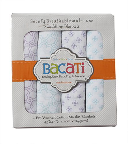 Bacati 4 Pack Swaddle Blankets - Soft Cotton Muslin for Baby Comfort