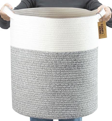 COMFY-HOMI XXL Laundry Basket with Handles - White Grey