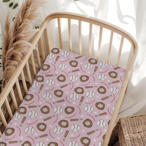 Pink Baseball Crib Sheets for Girl 52x28 Inches