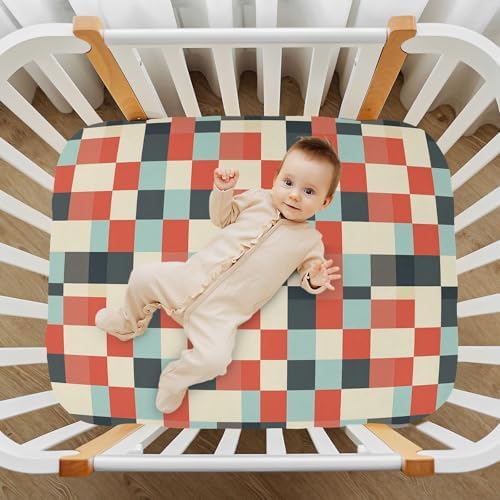 Irregular Red Blue Checkerboard Crib Sheets Stretchy Playard Sheets for Baby