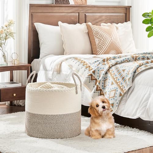 KAKAMAY 18x18x16 Cotton Woven Blanket Basket with Handles
