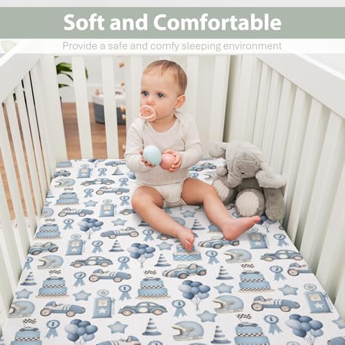 Watercolor Blue Racing Baby Crib Sheets 28x52