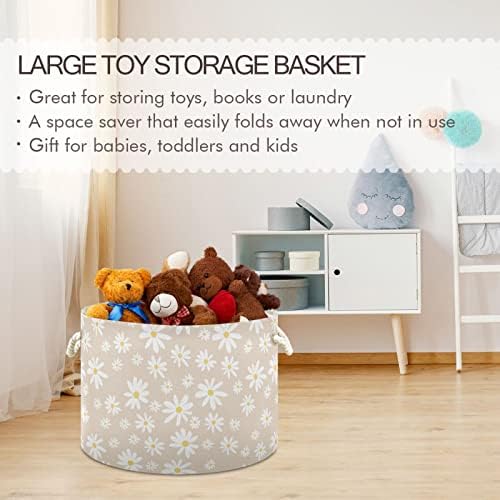 Burbuja Daisy on Beige Round Storage Basket with Cotton Rope Handles 1