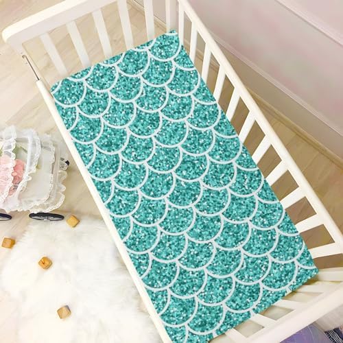 Glitter Teal Mermaid Scales Crib Sheet for Baby Boys