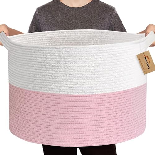 Pink Woven Storage Basket with Handles 22X22X14 XXXL Capacity