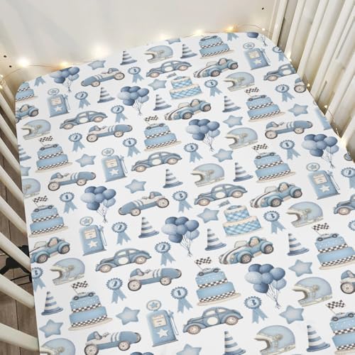 Watercolor Blue Racing Baby Crib Sheets 28x52