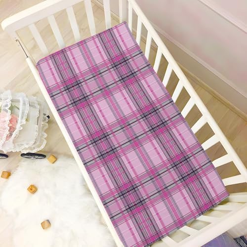 KICPOAY Fitted Crib Sheets Dark Pink Plaid Stretchy Playard Sheets for Baby