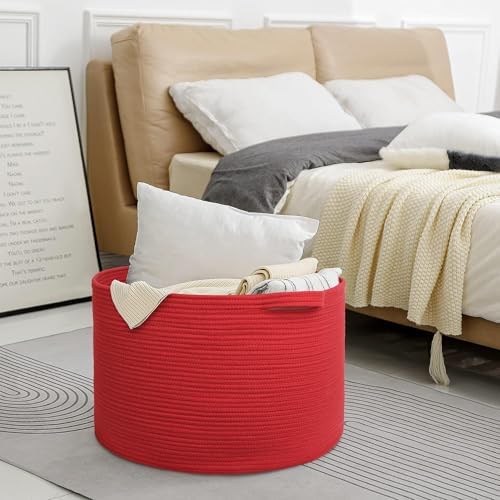Extra Large Red Woven Cotton Storage Basket for Kids and Laundry