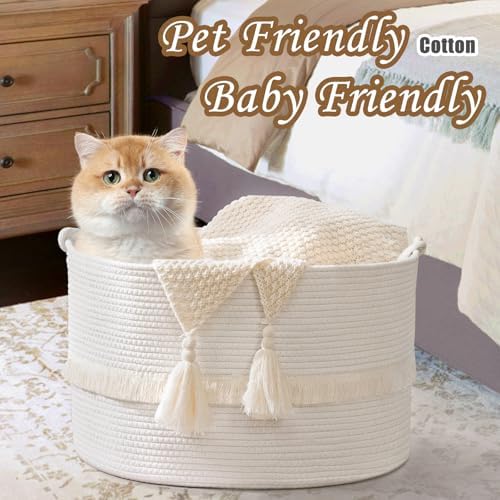 White Large Blanket Basket with Handle 20x13 Woven Storage Basket