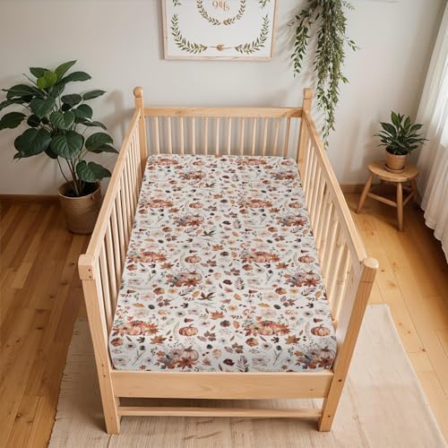 Retro Fall Pumpkins Boho Floral Crib Sheets 52x28 Inch