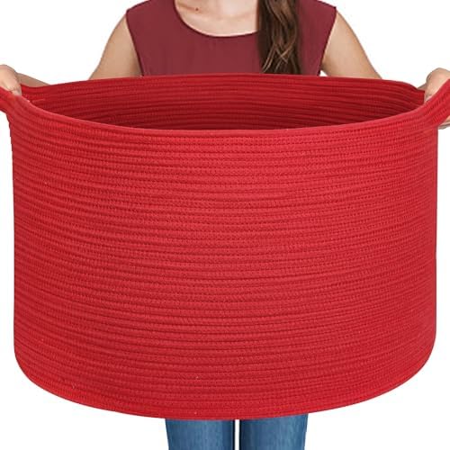 Extra Large Red Woven Cotton Storage Basket for Kids and Laundry