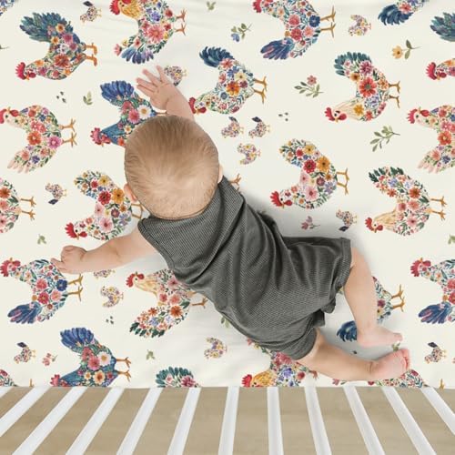 Floral Pattern Crib Sheets for Boy Girl 28x52 Rooster Hen