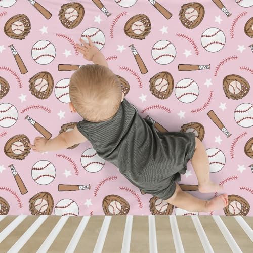 Pink Baseball Crib Sheets for Girl 52x28 Inches