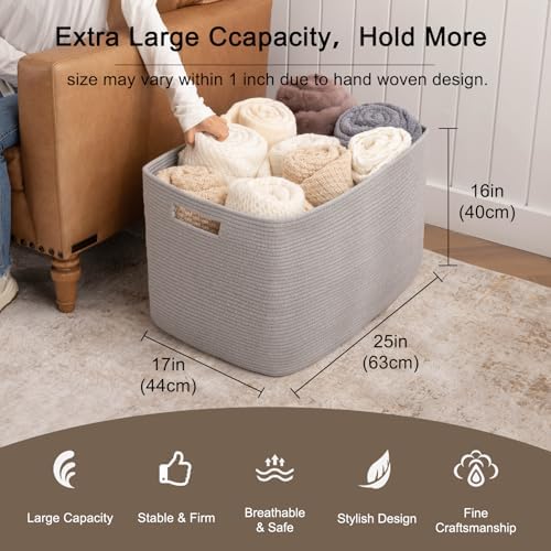 OIAHOMY 118L Cotton Rope Storage Basket Grey 1
