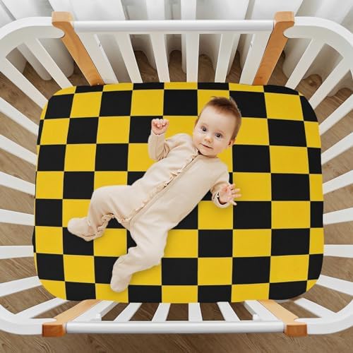 Wassud Yellow and Black Checkered Crib Sheets Set