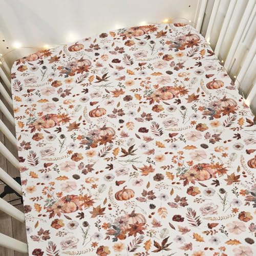 Retro Fall Pumpkins Boho Floral Crib Sheets 52x28 Inch