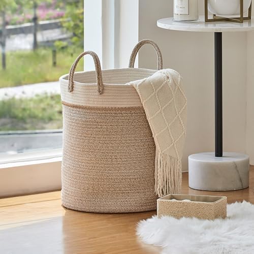 LA JOLIE MUSE Woven Cotton Laundry Basket 16x14x14 Inches