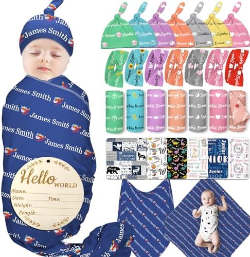 Personalized Baby Swaddle with Bow and Hat Set Custom Initial