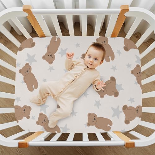 Brown Cute Bear Grey Star Crib Sheets for Baby Toddler