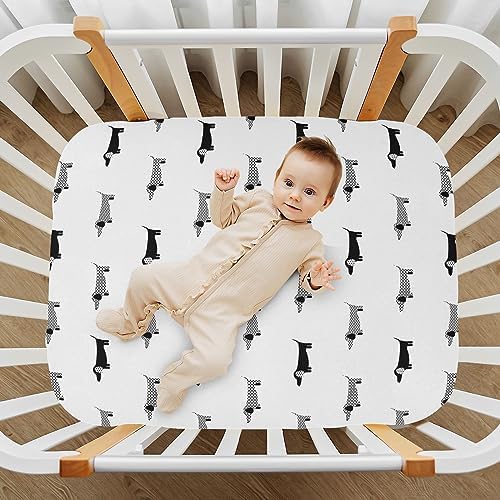 KICPOAY Fitted Crib Sheet Dachshund Black White Playard Sheet for Baby Toddler