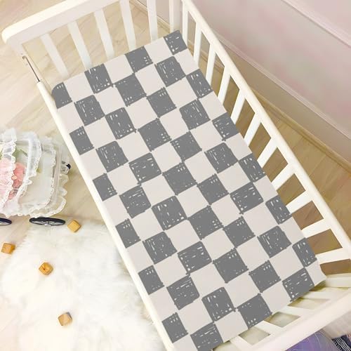 KICPOAY Fitted Crib Sheets Light Grey Checkerboard Doodle Stretchy