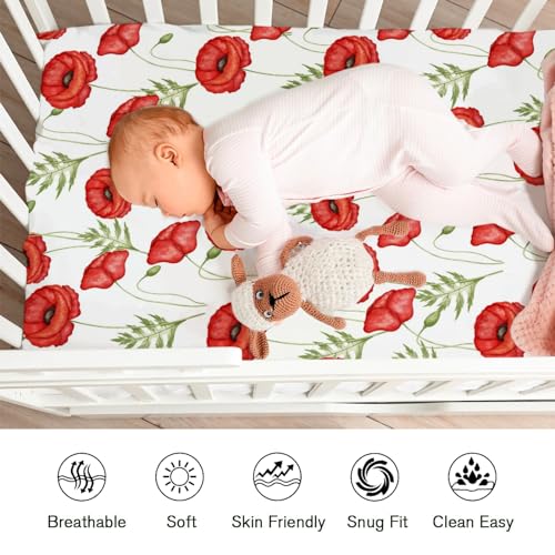 Soft Breathable Floral Crib Sheet 52x28 Red Poppy