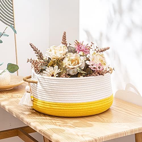 KAKAMAY Cotton Woven Storage Basket 16x8 Yellow