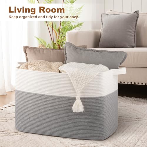 OIASKET Super Large Cotton Woven Storage Basket 108L Grey White