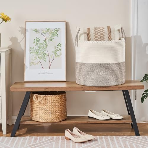 KAKAMAY 18x18x16 Cotton Woven Blanket Basket with Handles