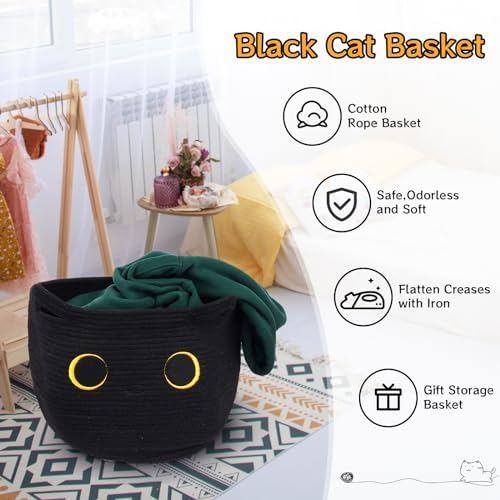 Cute Black Cat Cotton Rope Basket - 14x12 inch 305L