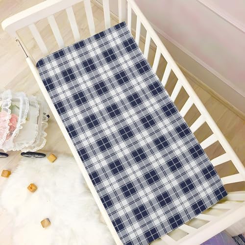 Navy Blue White Tartan Plaid Crib Sheet for Boys and Girls
