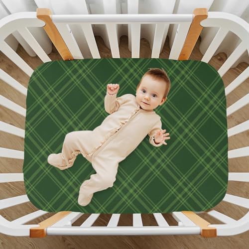 KICPOAY Plaid Diagonal Check Green Crib Sheets for Playard and Crib