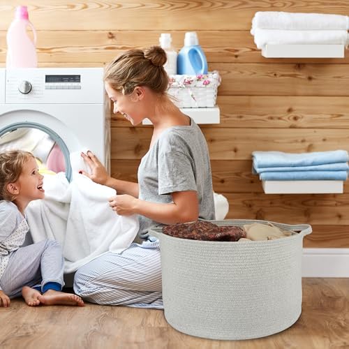 XUANGUO Large Cotton Rope Basket - 22x14 Grey Round Storage