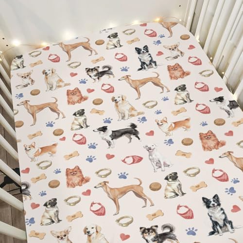 Watercolor Dogs Paws Heart Crib Sheet 52x28 Inch