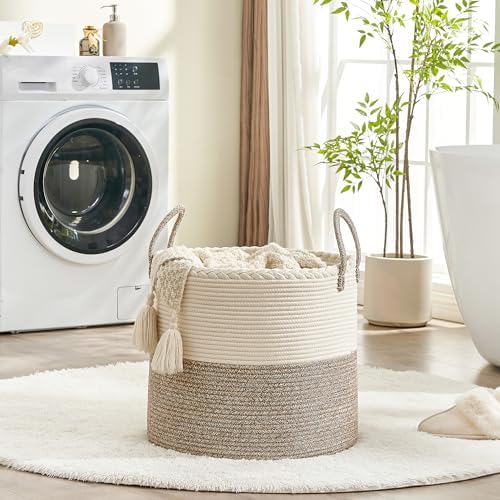 KAKAMAY 18x18x16 Cotton Woven Blanket Basket with Handles