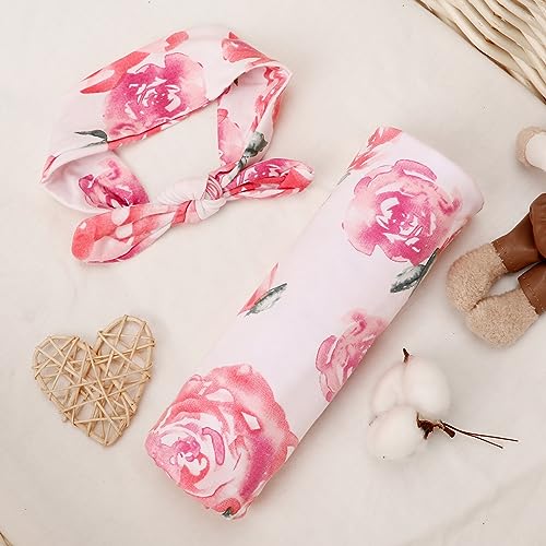 DRESHOW BQUBO 3 Set Floral Swaddle Blanket with Headbands