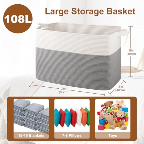 OIASKET Super Large Cotton Woven Storage Basket 108L Grey White