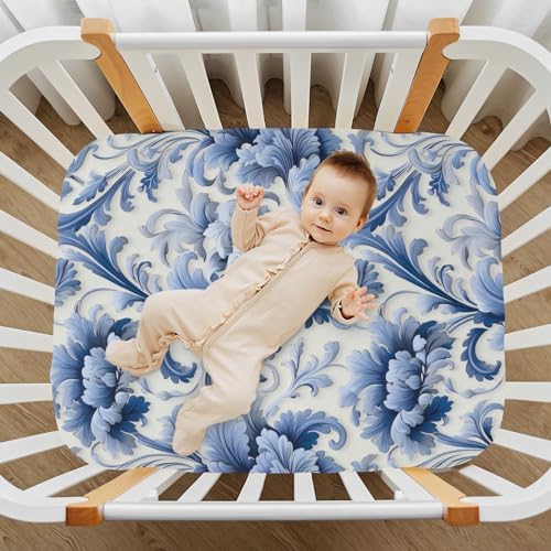 Wassud Blue Floral Crib Sheets Set 28x52 Inches